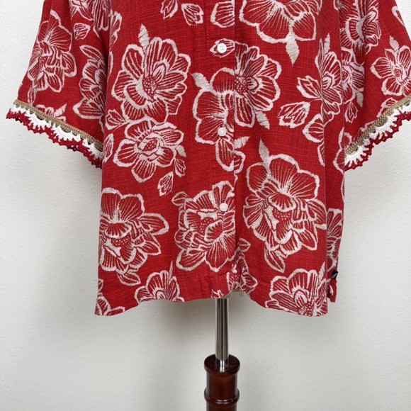 Nautica Top Womens XL Red Floral Button Up Crochet‎ Knit Cotton Tropical Beach - Picture 4 of 16
